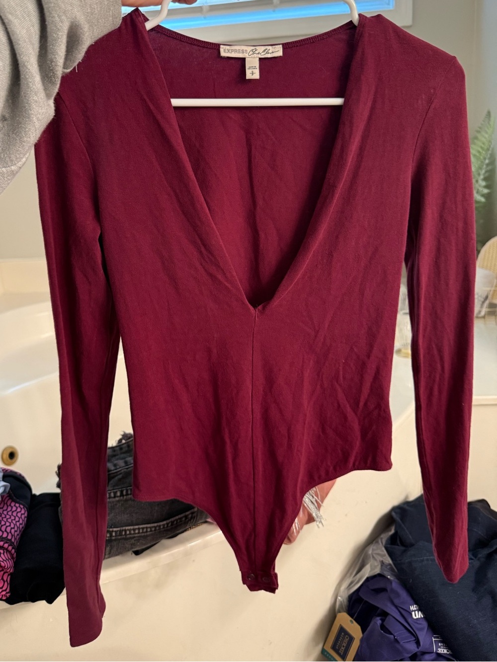 Express Deep V Long-Sleeve Bodysuit in Wine